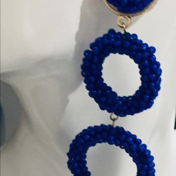 BEADED DOUBLE CIRCLE EARRINGS NAVY BLUE - Picture 3 of 4